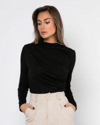 Μπλούζα μακρυμάνικη με κλειστή λαιμόκοψη και σούρες-Μαύρο