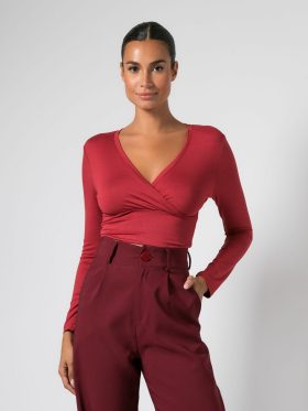 Crop top μπλούζα  μακρυμάνικη κρουαζέ-Κεραμιδί