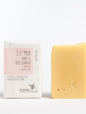 Φυσικό σαπούνι με 3 Είδη Γάλακτος, Μέλι, Γεράνι & Σανδαλόξυλο