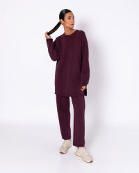 Σετ φούτερ χνούδι μπλούζα μακρυμάνικη oversized-Παντελόνι barrel-Μπορντό