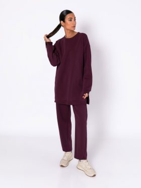Σετ φούτερ χνούδι μπλούζα μακρυμάνικη oversized-Παντελόνι barrel-Μπορντό