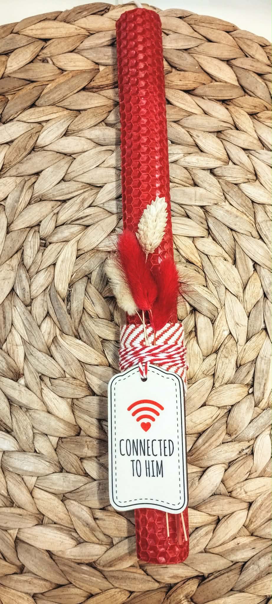 Λαμπάδα μελισσοκέρι-Fun message "Connected to him"-Χρώμα κόκκινο