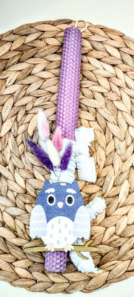 Λαμπάδα μελισσοκέρι χρωματιστό-Κουκουβάγια-Χρώμα λιλά