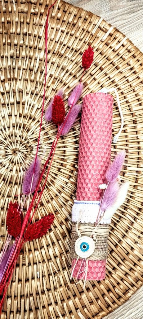 Λαμπάδα μελισσοκέρι χρωματιστό με ματάκι ροζ-Χρώμα ροζ