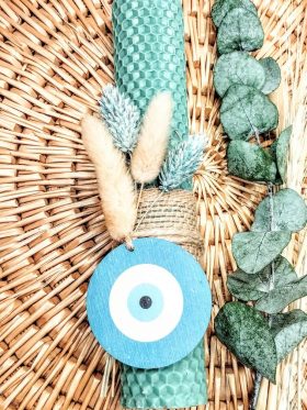 "Μάτι βεραμάν"-Λαμπάδα μελισσοκέρι χρωματιστό με αποξηραμένα φυσικά άνθη-Χρώμα βεραμάν