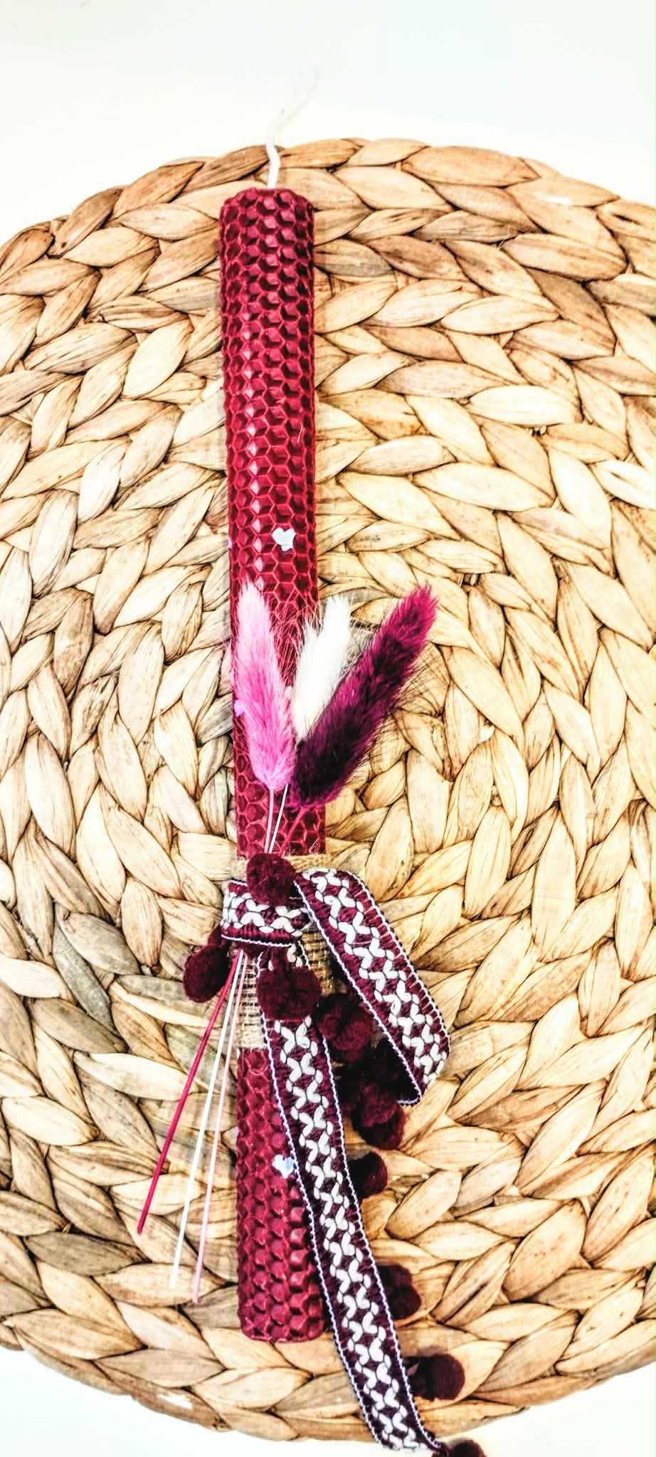 Λαμπάδα μελισσοκέρι χρωματιστό-Αποξηραμένα άνθη-Χρώμα μπορντό