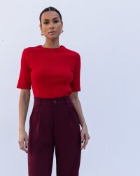 Μπλούζα βαμβακερή ριπ κοντό μανίκι-Κόκκινη