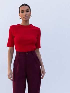 Μπλούζα βαμβακερή ριπ κοντό μανίκι-Κόκκινη